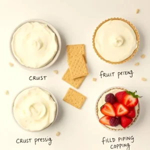 A flatlay arrangement of ingredients for mini cheesecakes, including cream cheese, graham crackers, and fresh fruit. The layout includes steps: crust pressing, filling piping, and topping garnishing, all set against a white background with handwritten labels.