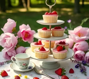 A whimsical outdoor setup featuring mini cheesecakes arranged on a vintage tiered tray, surrounded by blooming peonies, wild strawberries, and scattered edible flowers like pansies and violets. A teacup with a berry garnish and a dainty silver spoon rests on a floral napkin, with soft sunlight filtering through the trees, creating a dreamy, romantic ambiance.