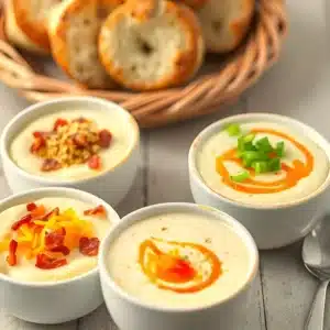 Three small bowls of mashed potato soup with different toppings: bacon and cheddar, green onions and vegan cheese, and hot sauce with paprika. A rustic bread basket sits in the background.
