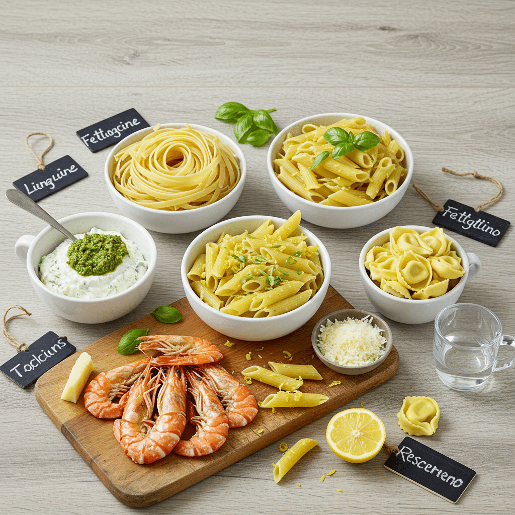 Best Pasta Shapes for Pesto Langostino Perfection Flat-lay of four pasta types—linguine, fettuccine, penne, and tortellini—paired with basil pesto and langostino tails for seafood pasta recipes