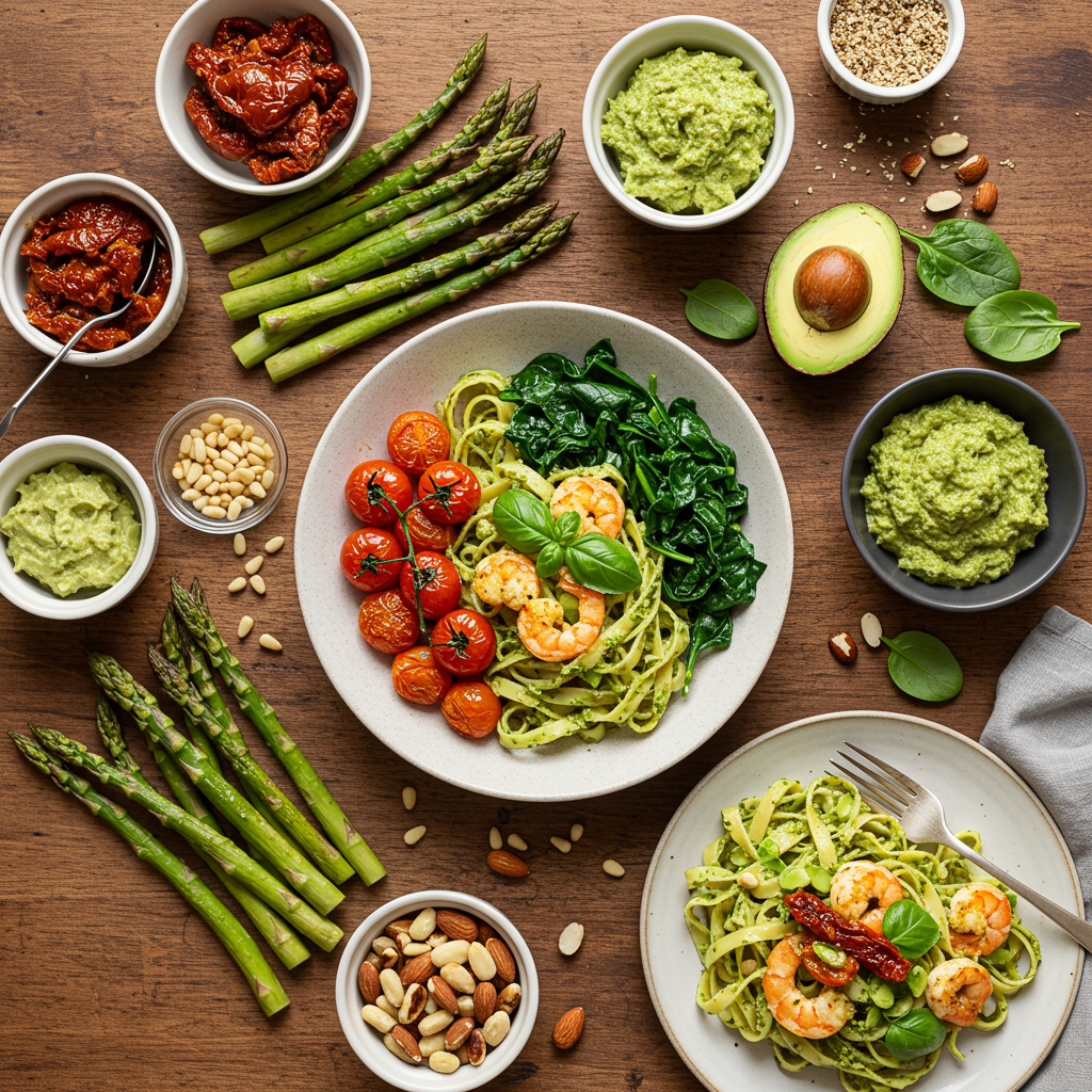 Creative Variations for Pesto Langostino Pasta with Fresh Veggies and Flavorful Pestos Bowl of pesto langostino pasta topped with cherry tomatoes, roasted asparagus, and spinach, garnished with toasted pine nuts and served with a side of creamy avocado pesto