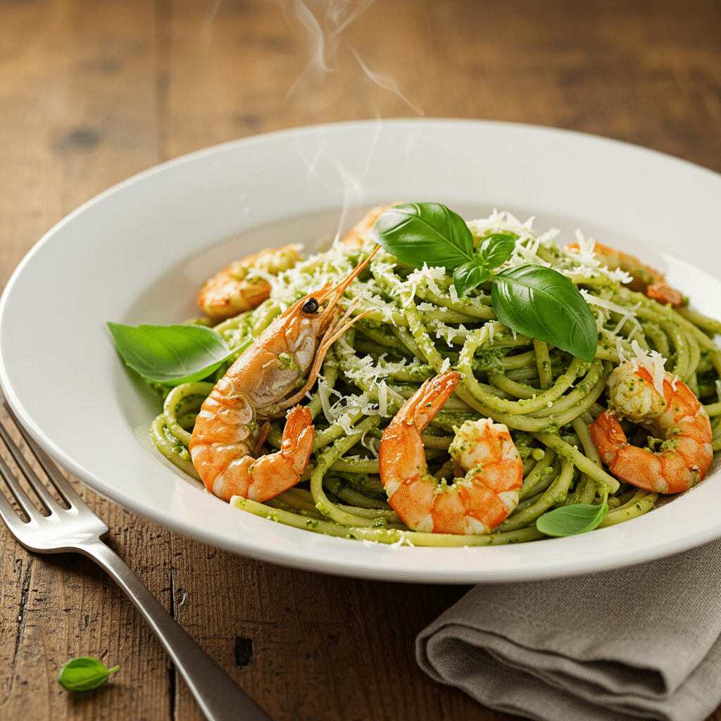 Bowl of pesto langostino pasta garnished with basil and parmesan